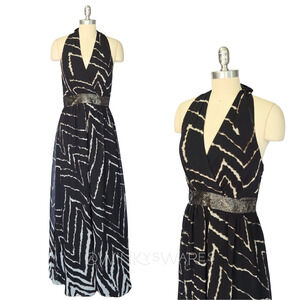 Vintage Y2K Express Black Halter Maxi Dress Size S Ikat Sequins Formal Party